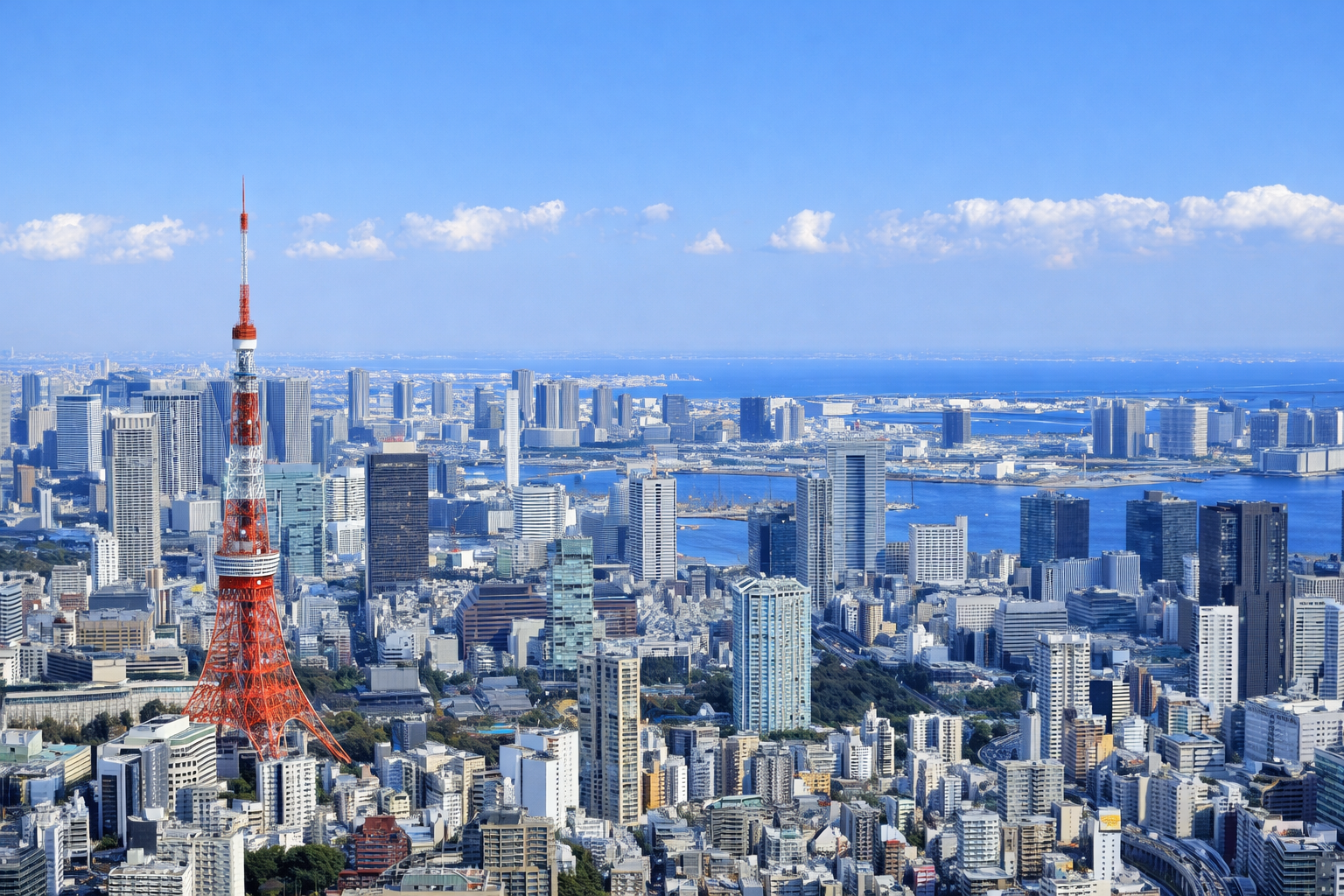 東京タワーと都心、東京湾を望む都市景観